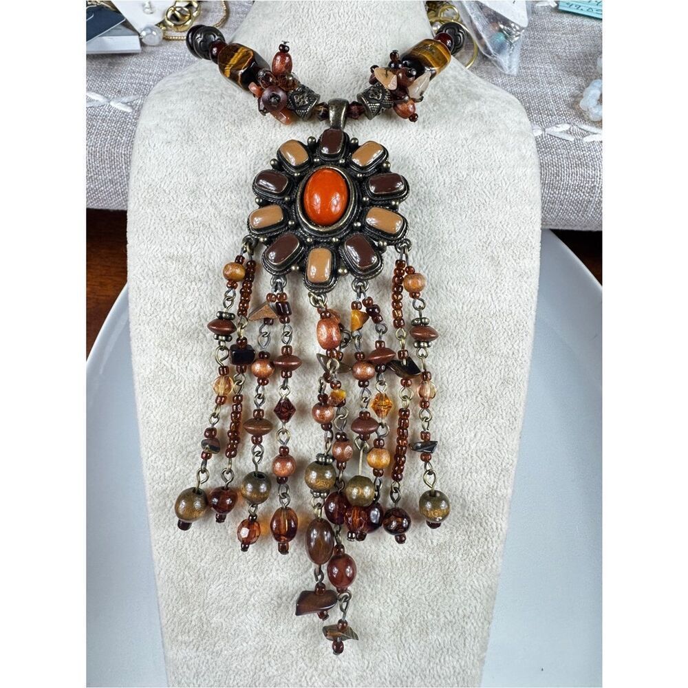Rare Bohemian Orange and Brown Tigers Eye Pendant Necklace - Picture 1 of 13